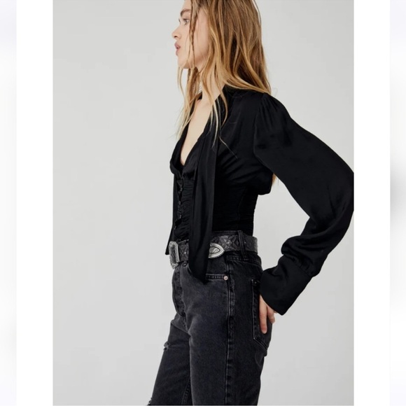 NWT Free People Meet Me There Tie Neck Button Front Blouse Top in Black size S - Picture 12 of 16